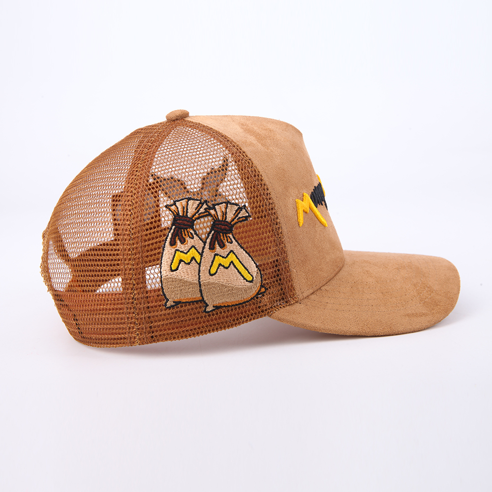 Vintage Red Brown Black Suede Mesh Trucker Hat with Embroidered Graphic Logo Streetwear Cap