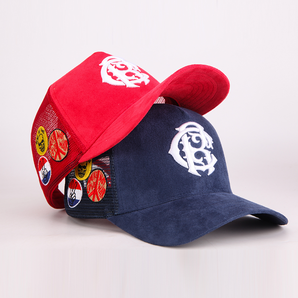 Vintage Suede Patchwork Mesh Trucker Cap with Raised Monogram