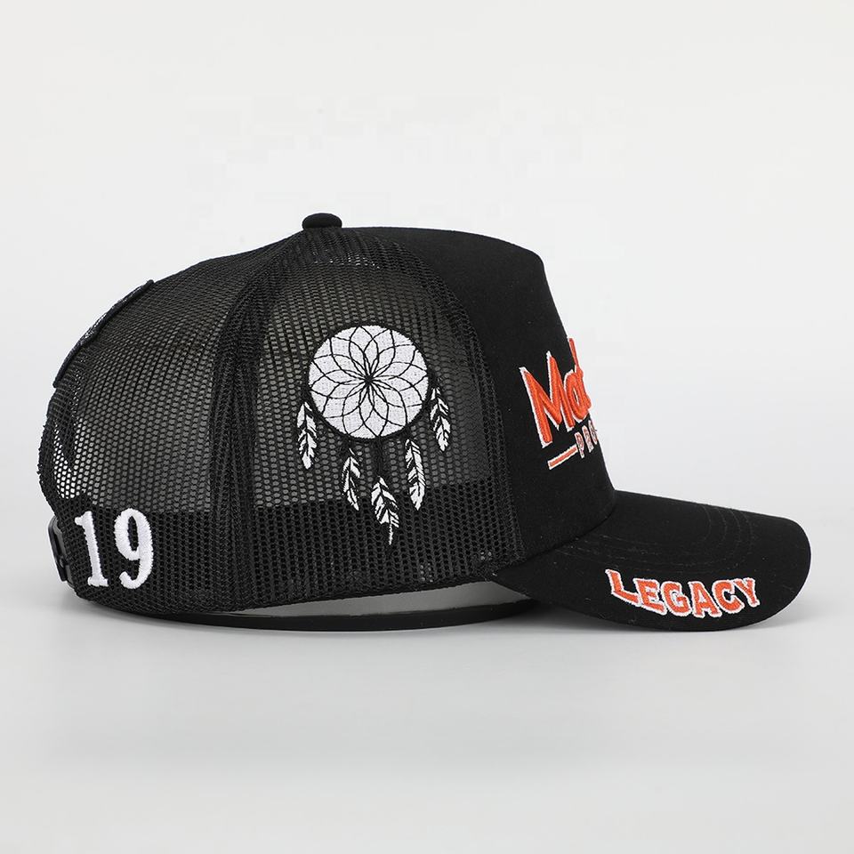 Black Mesh Trucker Cap with Orange Camera Logo Embroidery