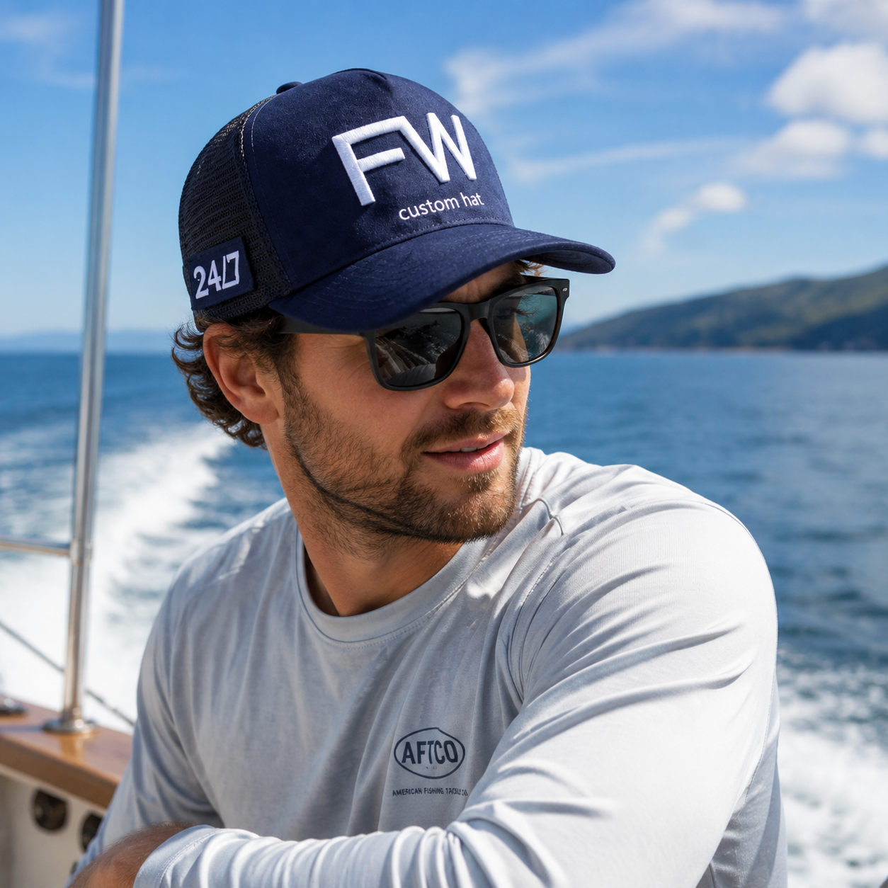 Navy Suede Mesh Embroidered Trucker Hat