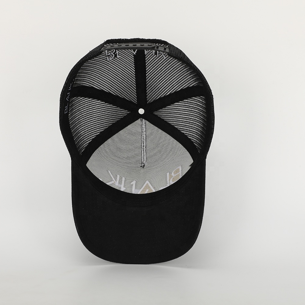 Black Suede Mesh Trucker Cap with White Letter Embroidery