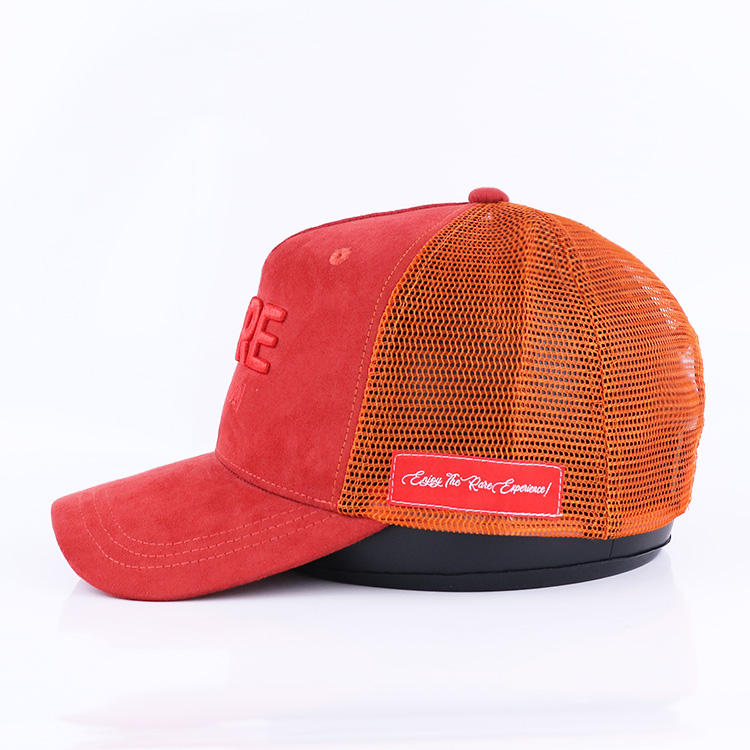 Red Orange RVRE Embroidered Suede Mesh Trucker Cap