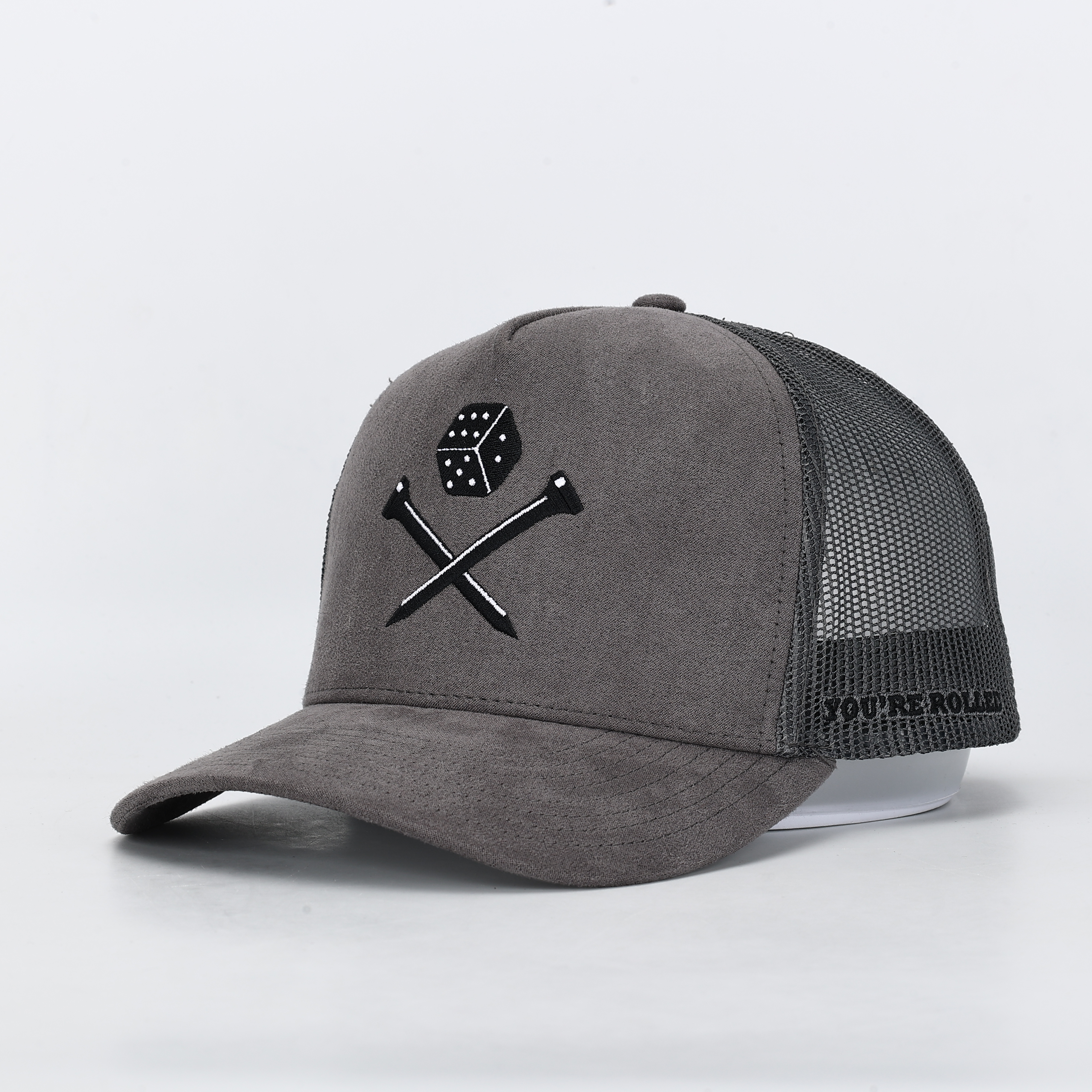 Charcoal Suede Mesh Trucker Hat with Dice and Crossed Nails Embroidery
