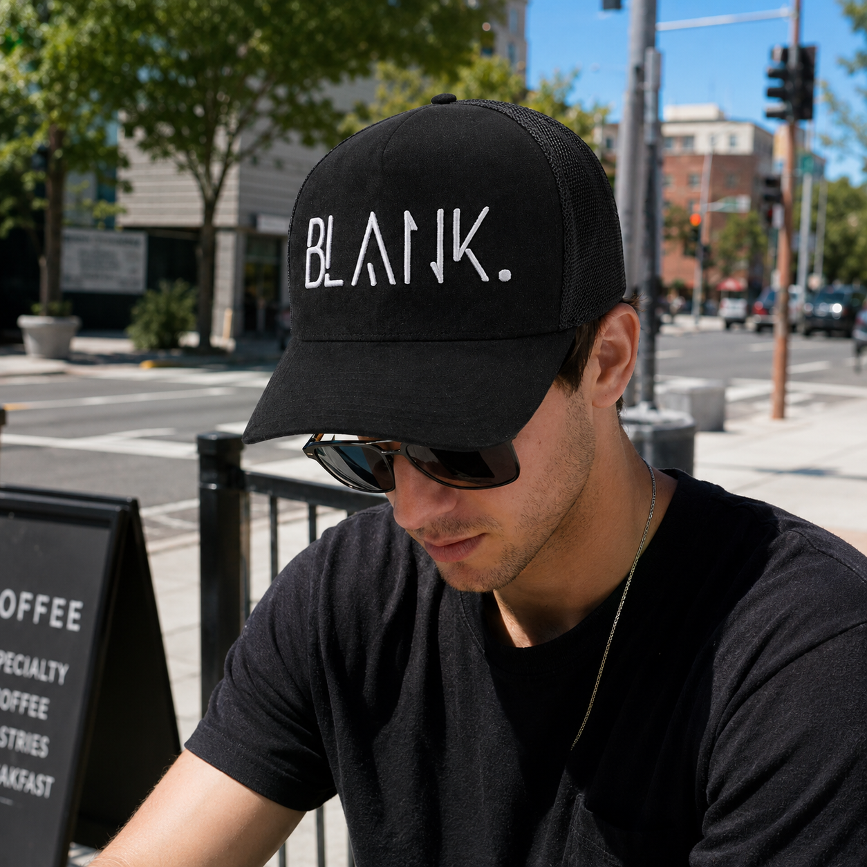 Black Suede Mesh Trucker Cap with White Letter Embroidery