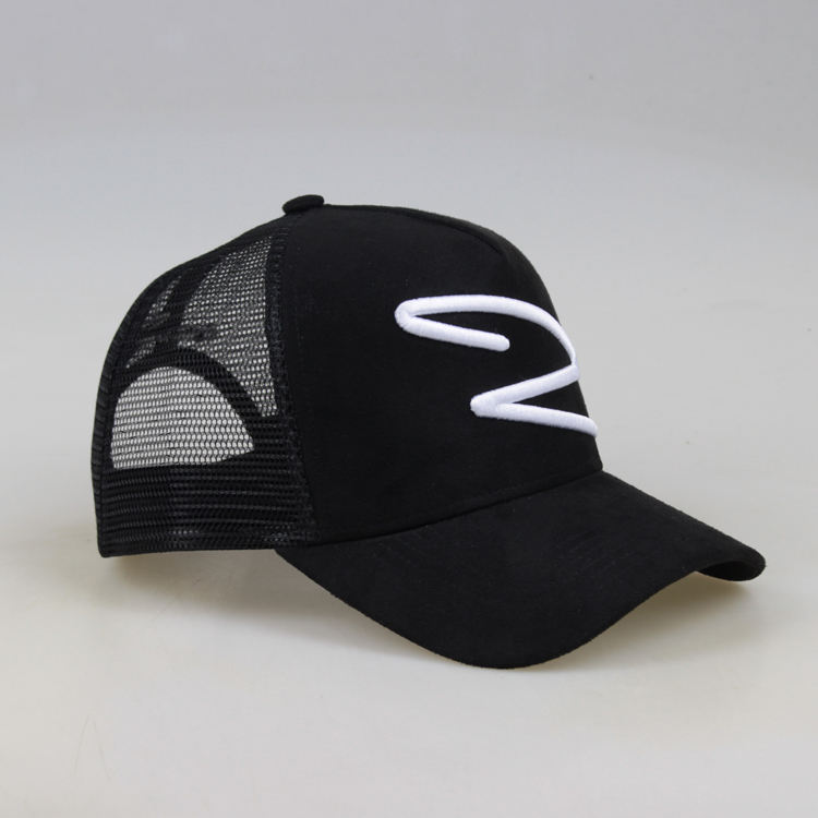 Black Suede Mesh Trucker Cap with White Embroidery Logo