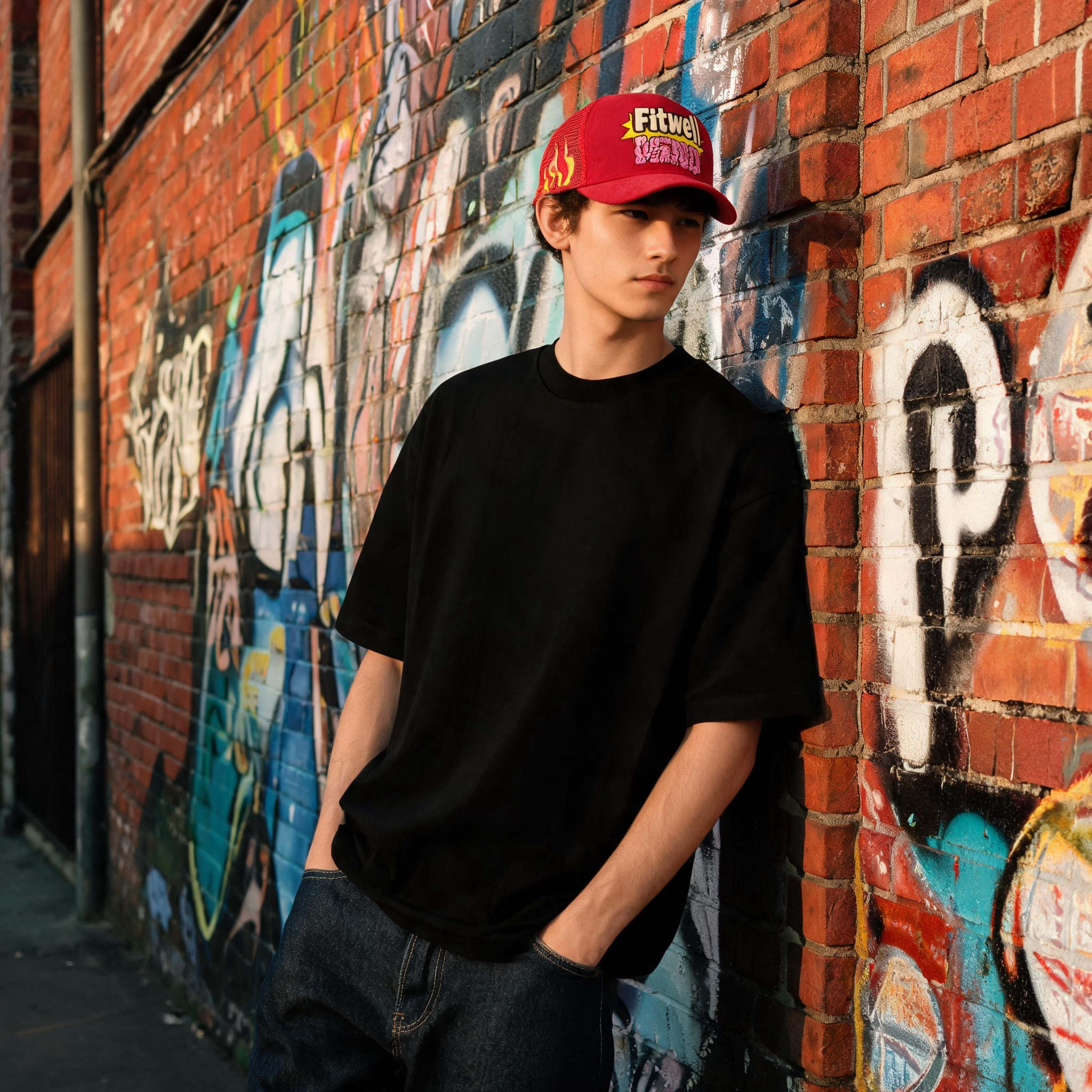 Red and Blue Suede-Style 5-Panel Mesh Trucker Caps with Raised Front Graphic Embroidery, Flame Side Detail and Curved Brim