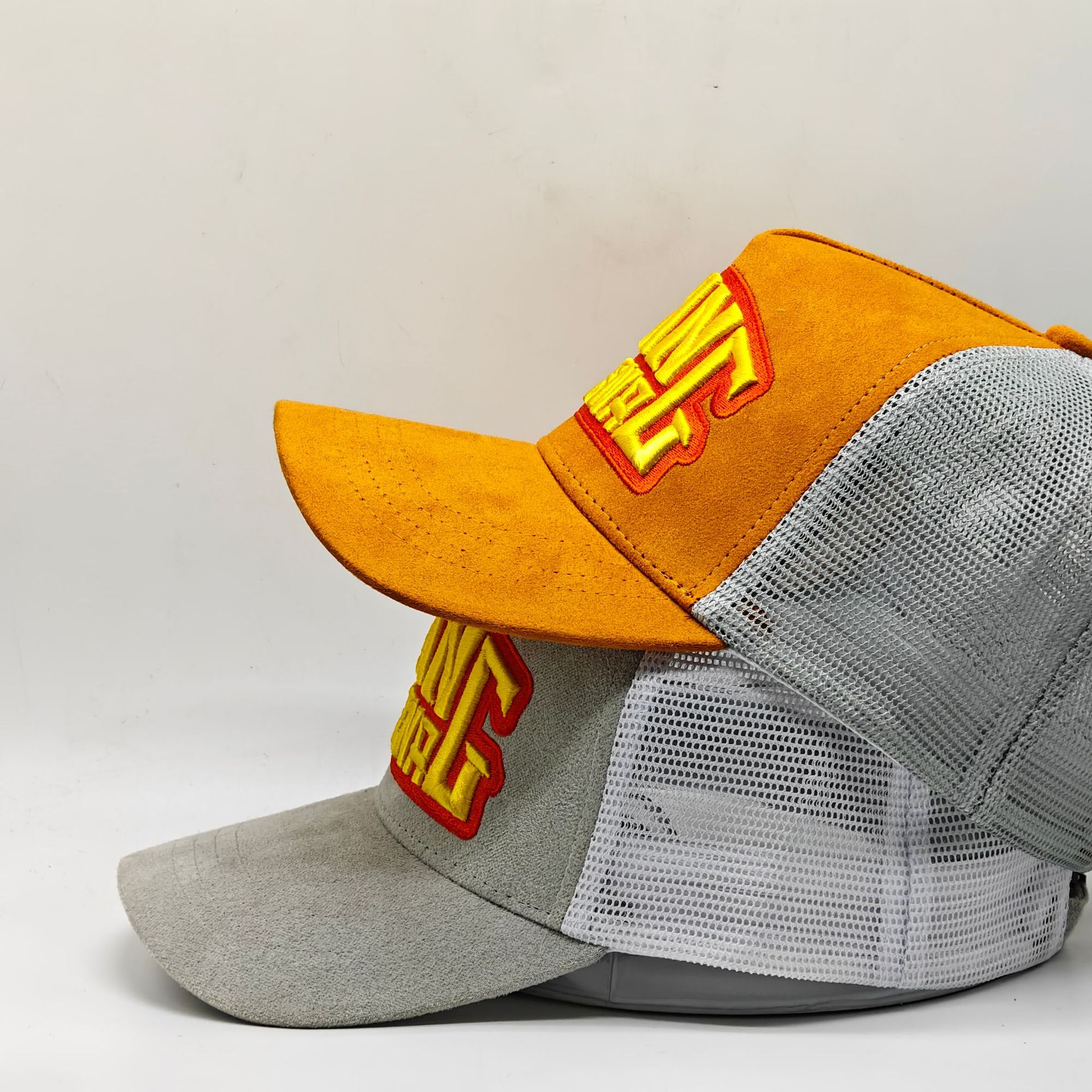 Two-Tone Suede Mesh Trucker Cap with Raised Logo Embroidery