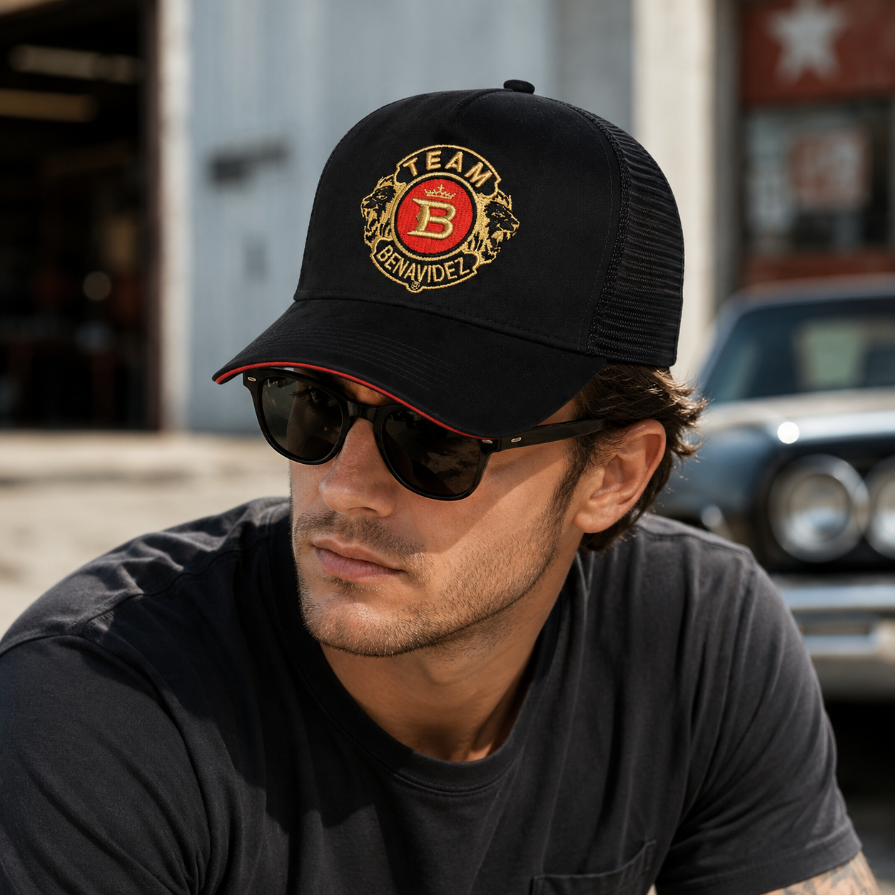 Black Suede Mesh Team Benavidez Embroidered Trucker Hat