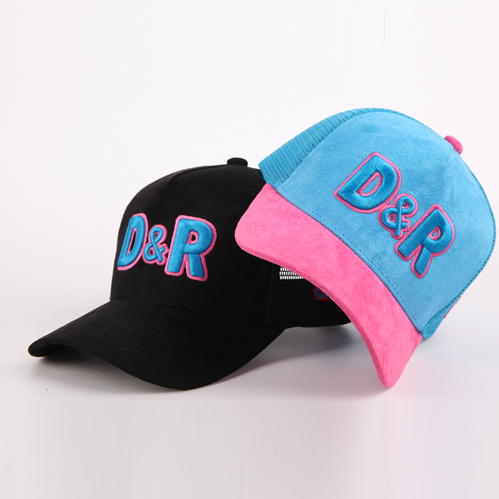 Two-Tone Suede Five-Panel Mesh Trucker Cap with 3D D&R Embroidery and Curved Brim