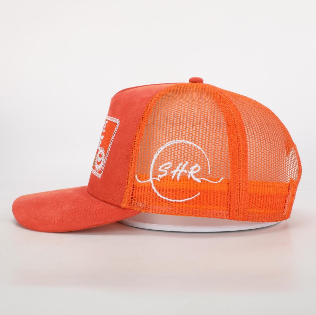Burnt Orange 5-Panel Suede Trucker Hat with Absolute One Embroidery