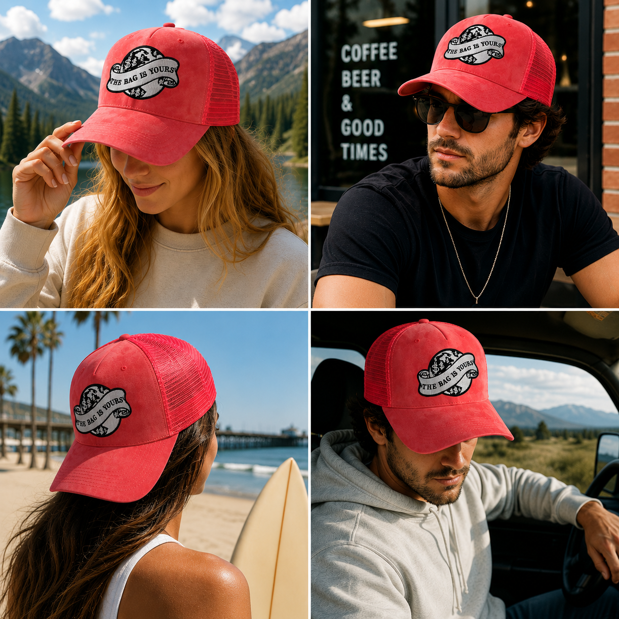 Pink Suede Mesh Trucker Cap with Embroidered “The Bag Is Yours” Patch