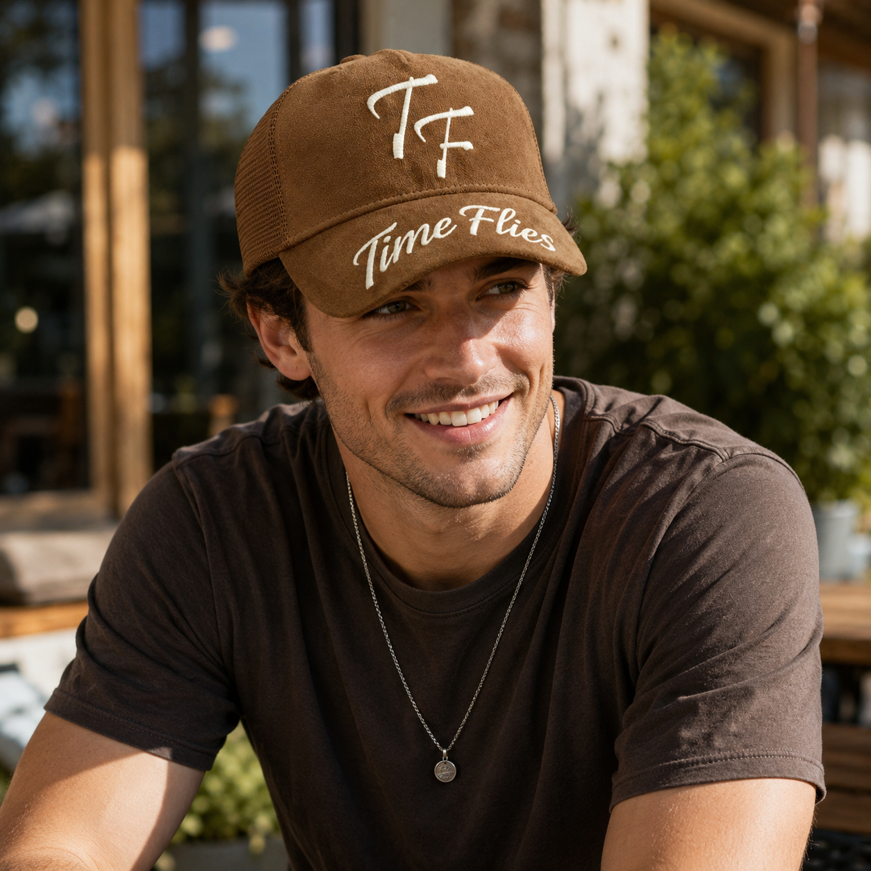 Brown Suede 5 Panel Trucker Cap with Time Flies Embroidery