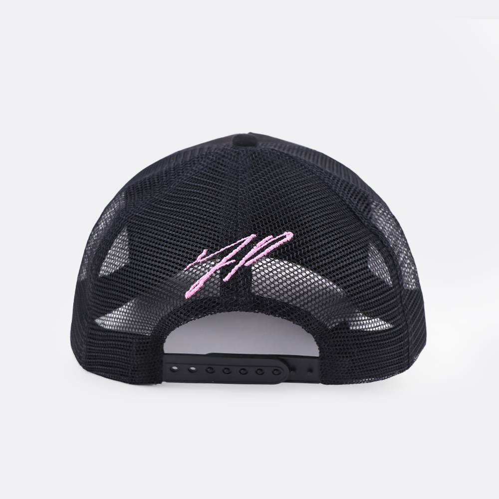Black Suede Mesh Trucker Cap with Pink Script Embroidery