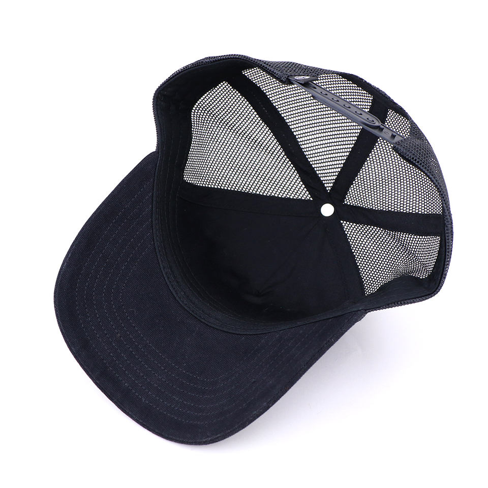 Black 5 Panel Mesh Trucker Hat with Embroidered Logo Adjustable Streetwear Cap