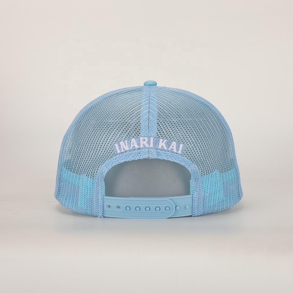 Blue 5 Panel Suede Trucker Hat with Embroidered Animal Logo Mesh Back Casual Cap