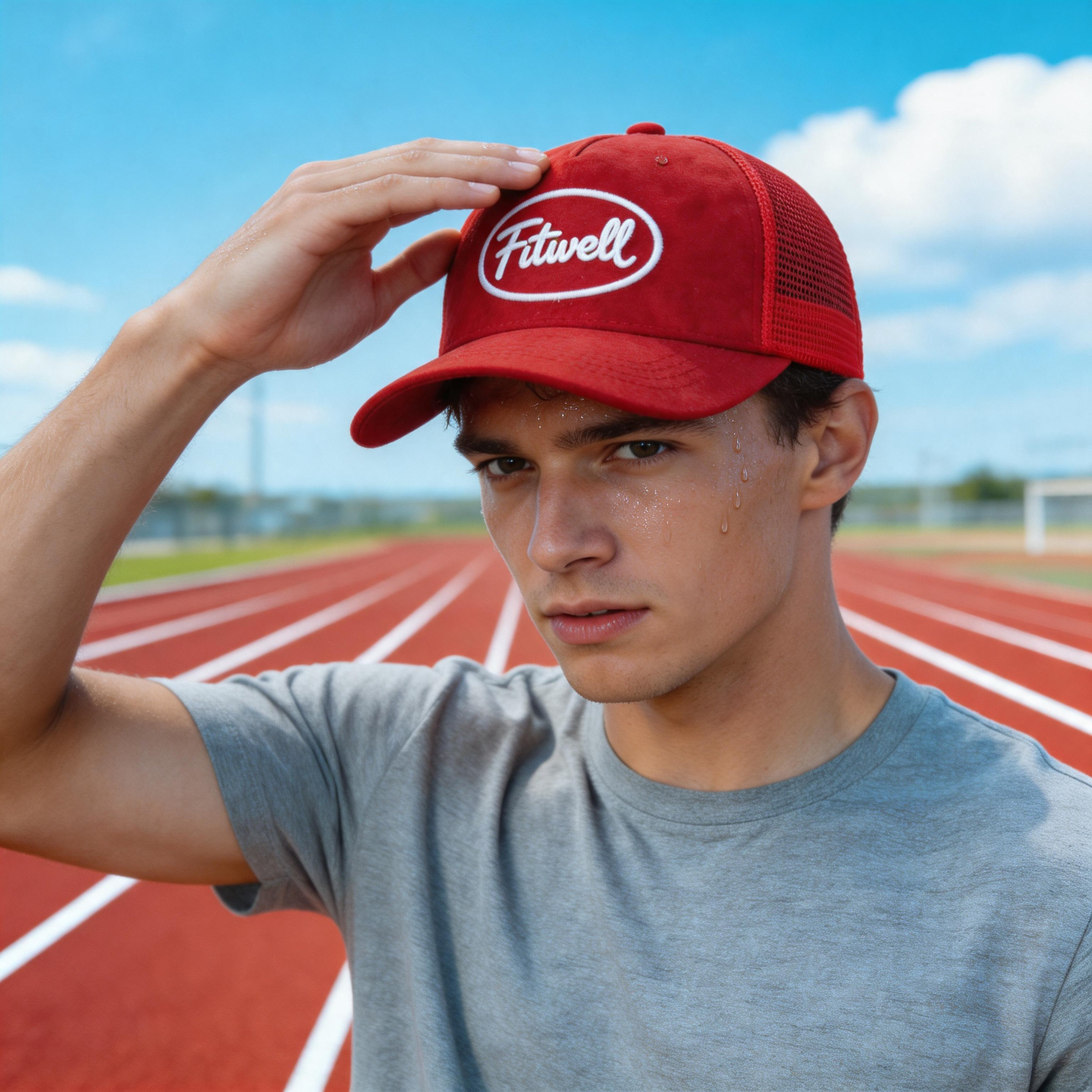 Red Suede Trucker Hat with White Embroidered Logo and Mesh Back Panel