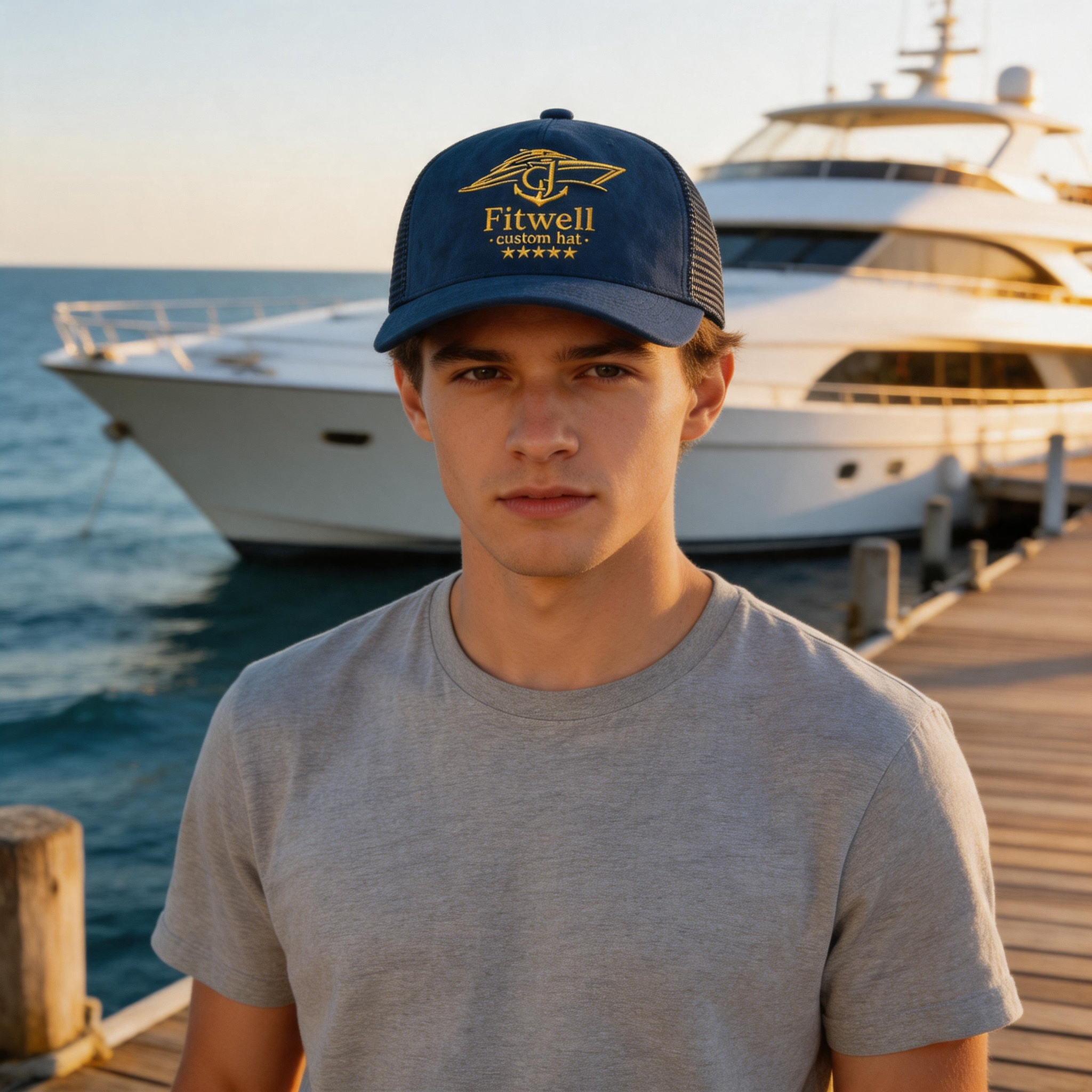 Wholesale Custom Logo Mesh Trucker Hat, Navy Blue Sailing Style, Curved Brim Breathable Outdoor Sports Cap