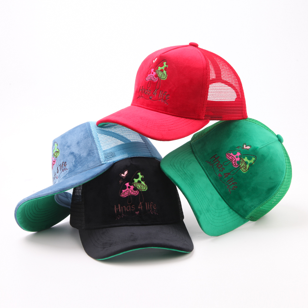 Colorful Suede Mesh Trucker Cap with Embroidered Logo and Adjustable Snapback