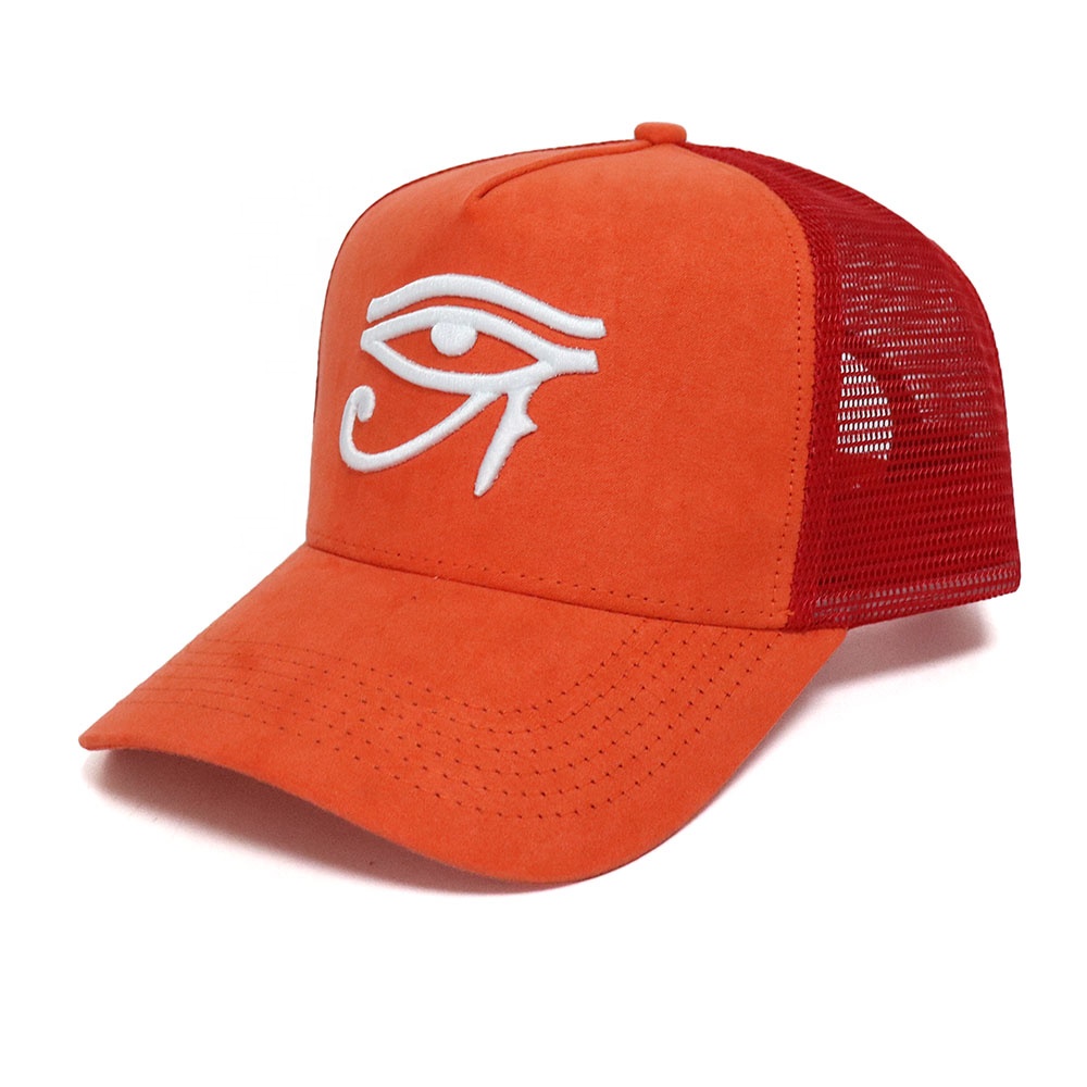 Orange Embroidered Eye Symbol Five Panel Suede Trucker Cap with Mesh Back