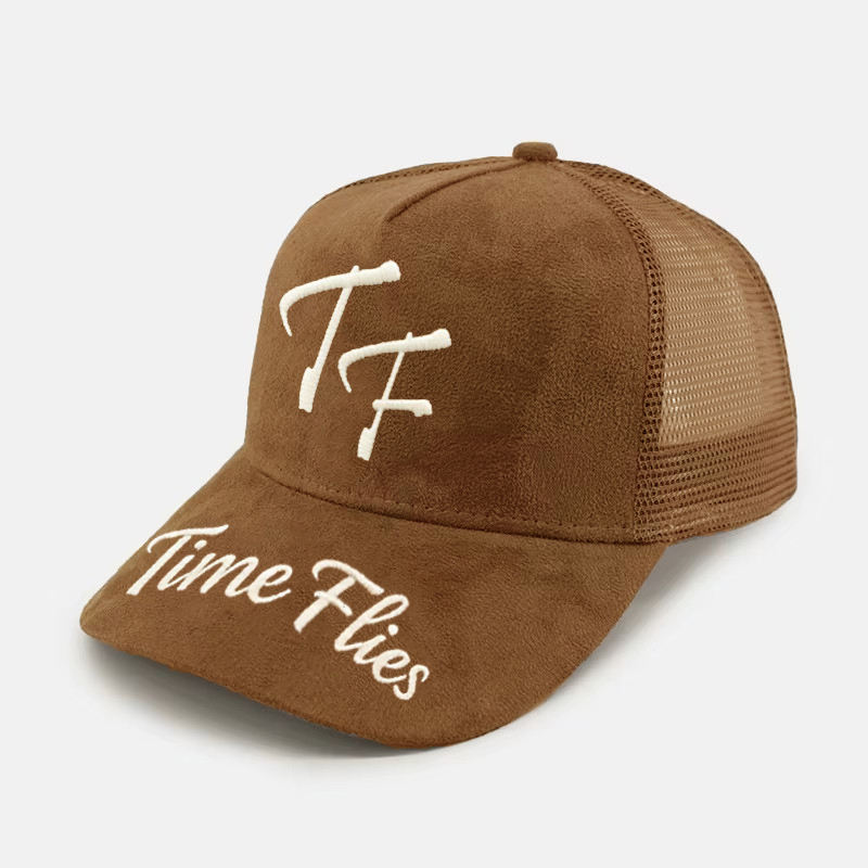 Brown Suede 5 Panel Trucker Cap with Time Flies Embroidery