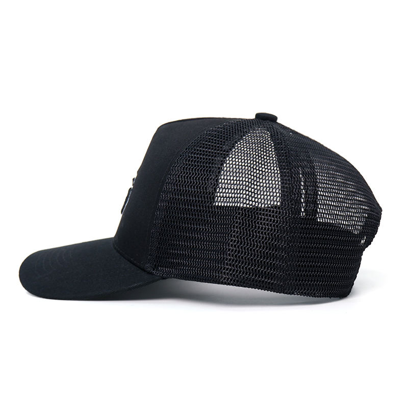 Black Cotton Mesh Trucker Cap with White Embroidered Geometric Logo