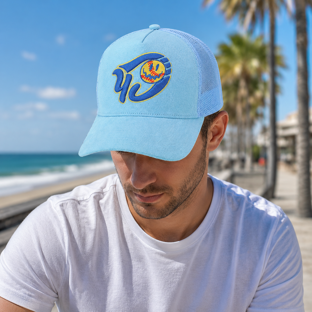 Light Blue Suede Mesh Trucker Cap with Baseball Graphic Embroidery