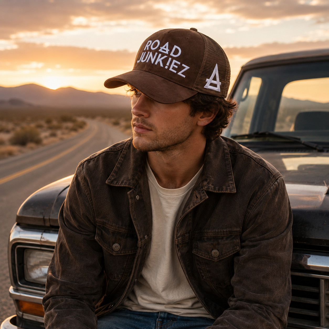 Suede Mesh Trucker Hat with Raised Road Junkiez Embroidery