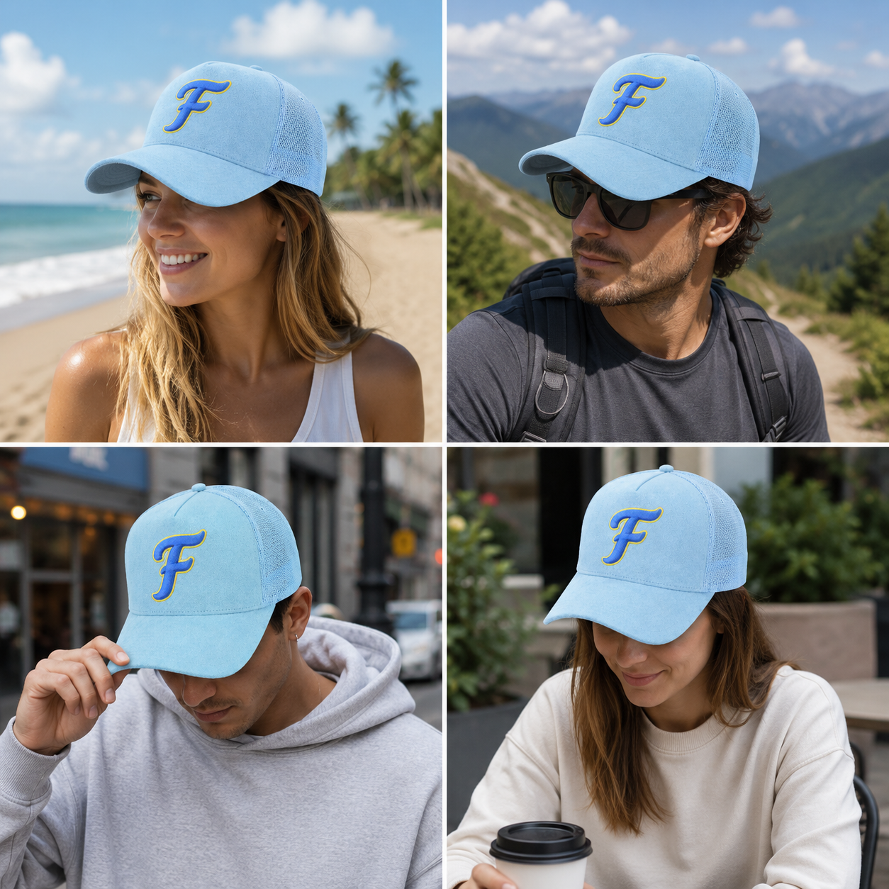 Light Blue Suede Mesh Trucker Cap with Baseball Graphic Embroidery