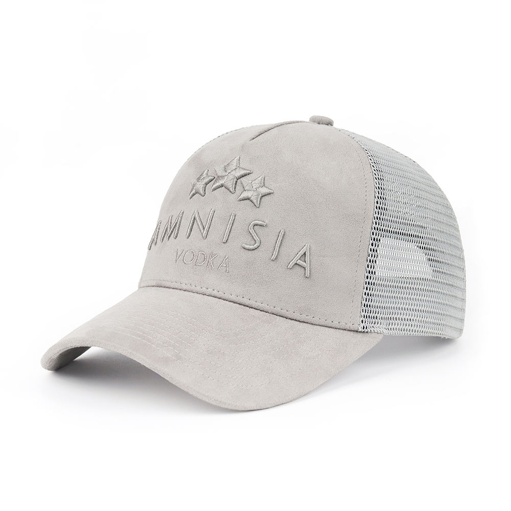 Gray Suede Three-Star Tonal Embroidered 5-Panel Trucker Hat