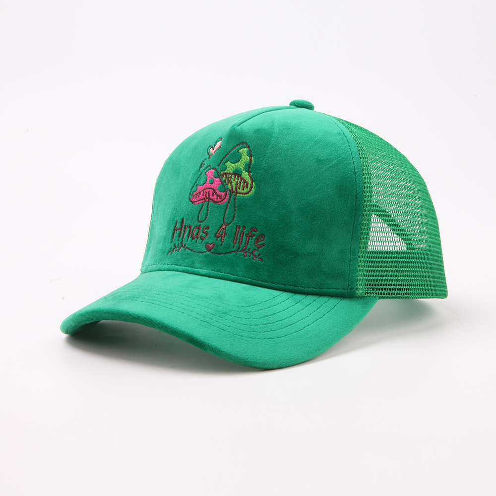 Colorful Suede Mesh Trucker Cap with Embroidered Logo and Adjustable Snapback