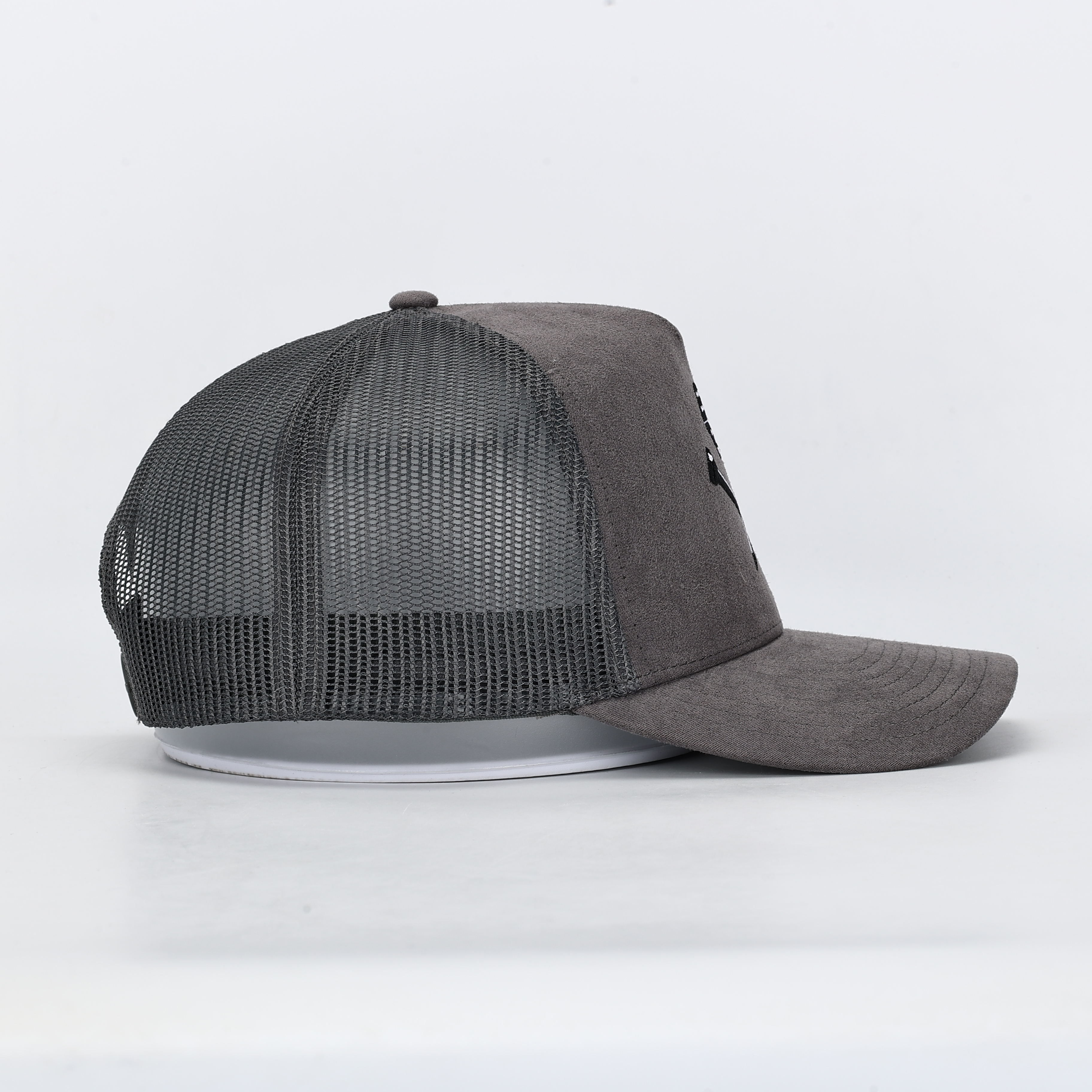 Charcoal Suede Mesh Trucker Hat with Dice and Crossed Nails Embroidery