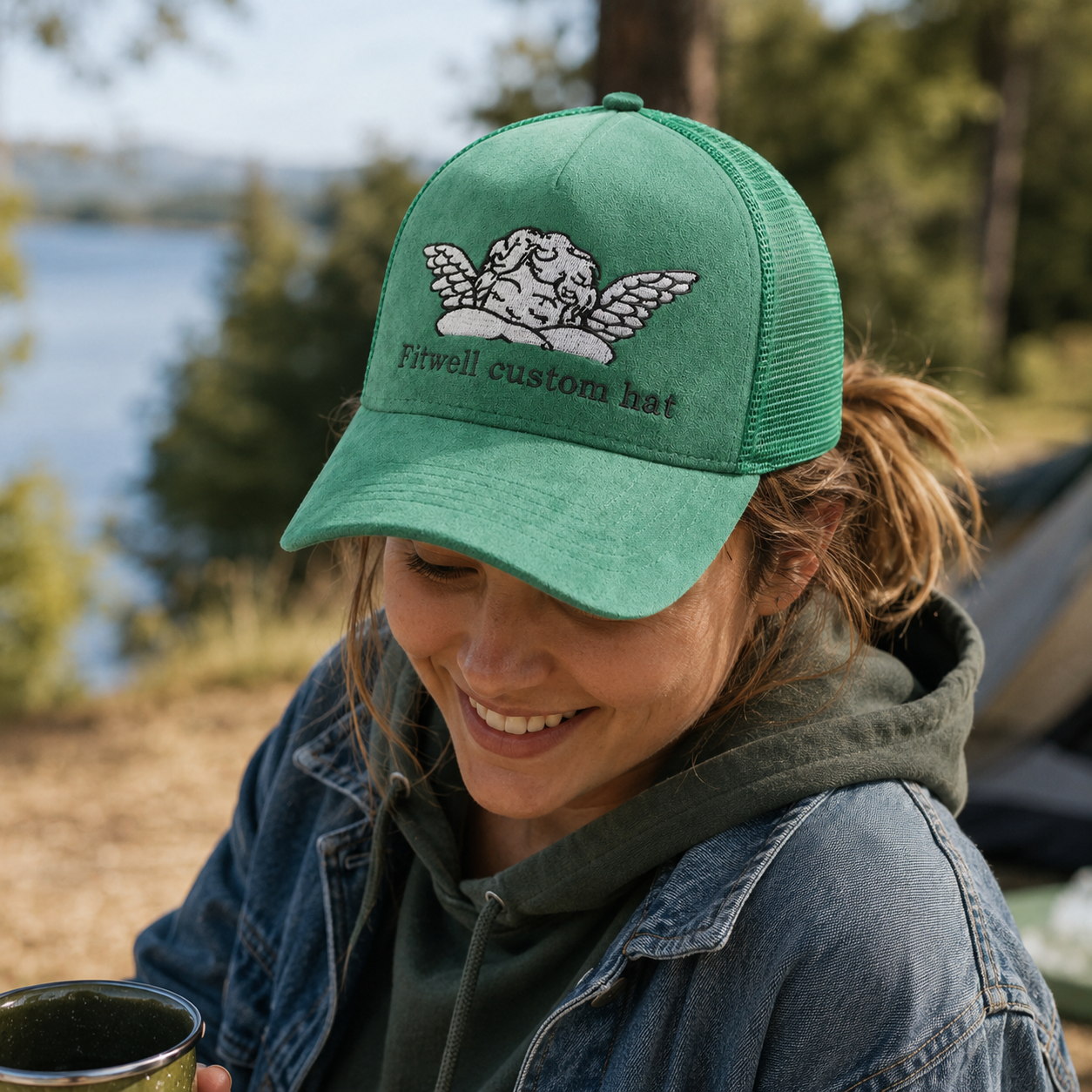 Emerald Green Suede Mesh Trucker Cap with Cherub Embroidery