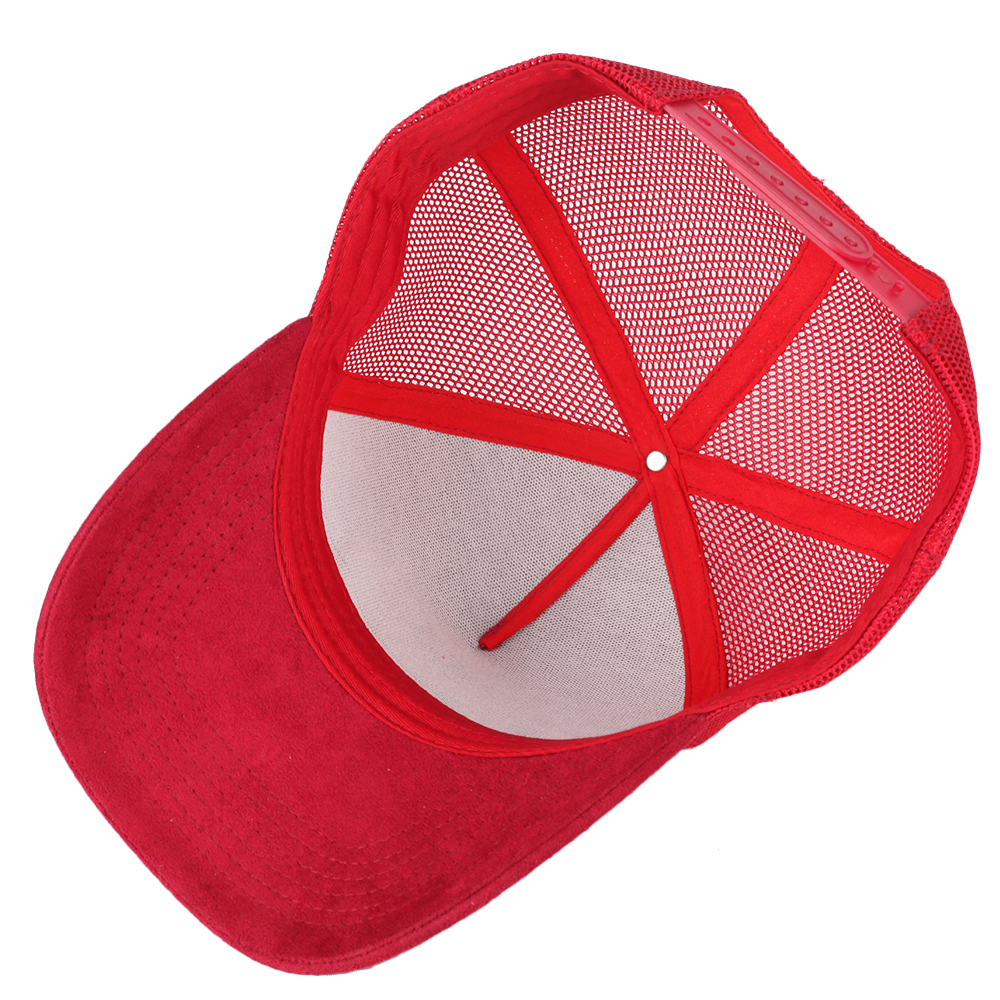 Red Suede Trucker Hat with White Embroidered Logo and Mesh Back Panel