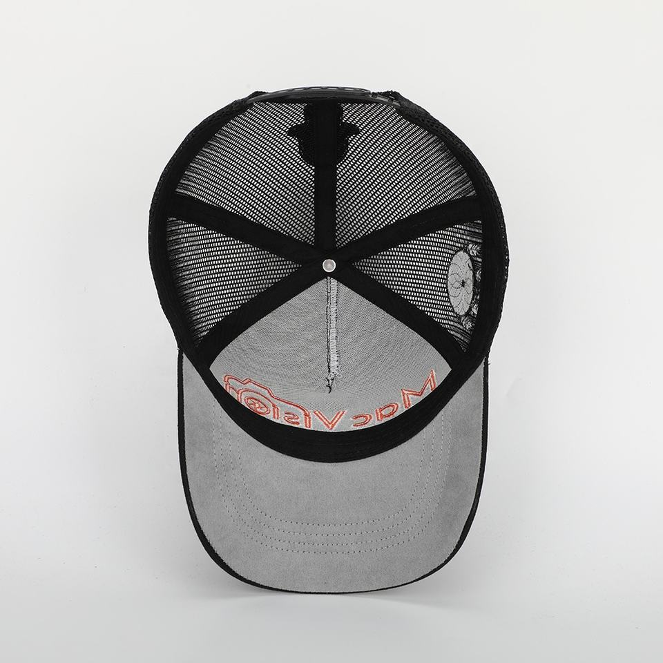 Black Mesh Trucker Cap with Orange Camera Logo Embroidery