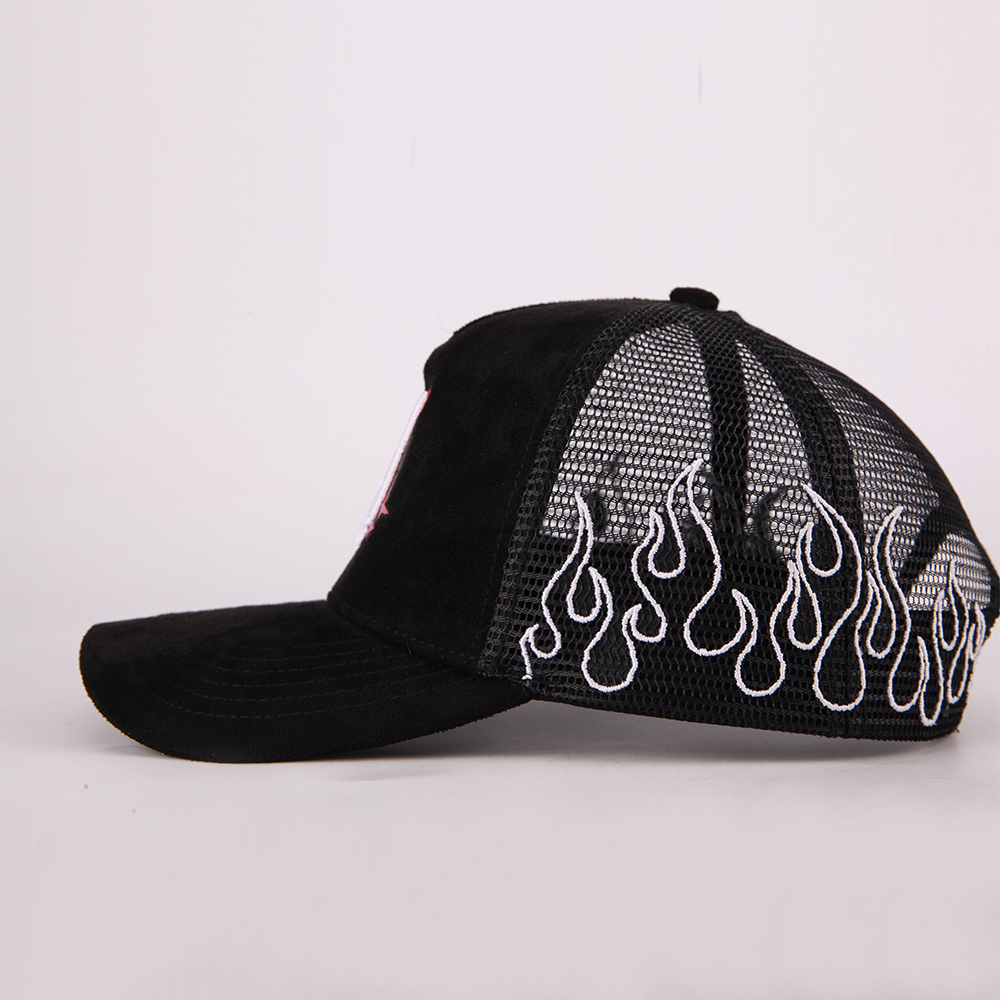 Vintage Suede Mesh Trucker Cap with Embroidered Graphic Logo and Adjustable Snapback