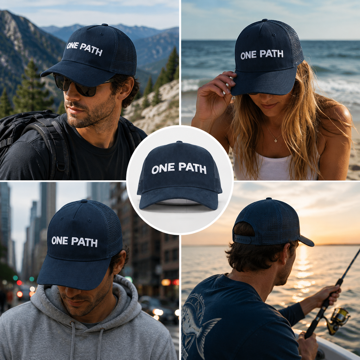 Navy ONE PATH Suede Mesh Embroidered 5-Panel Trucker Cap