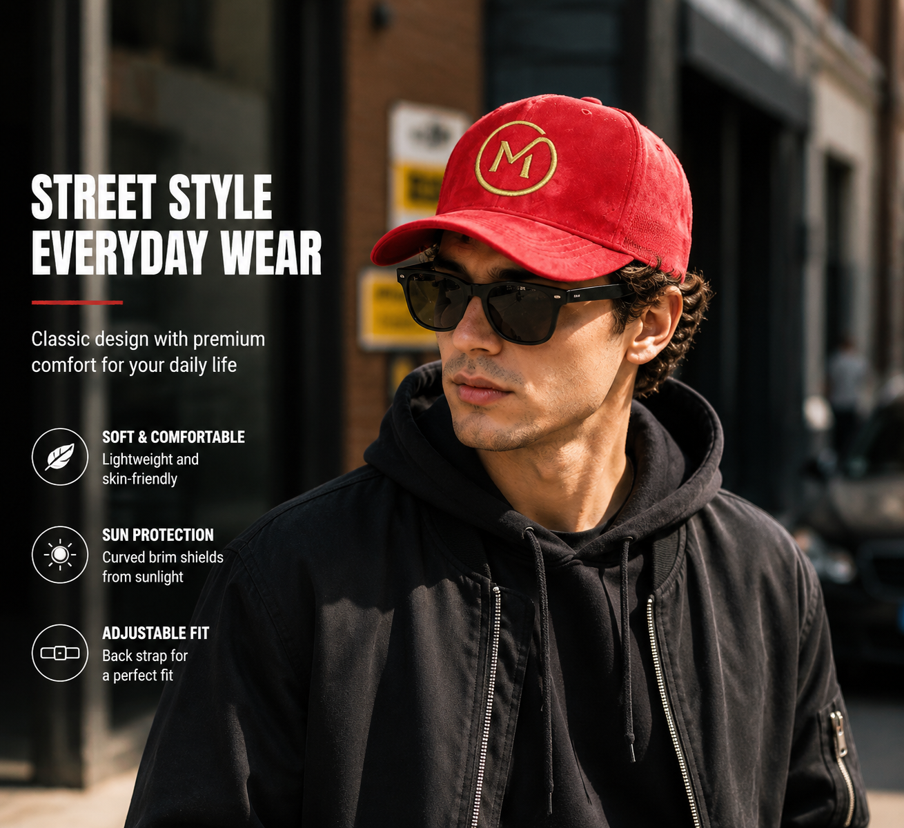 Red Suede Mesh Trucker Cap with Gold Embroidered Logo