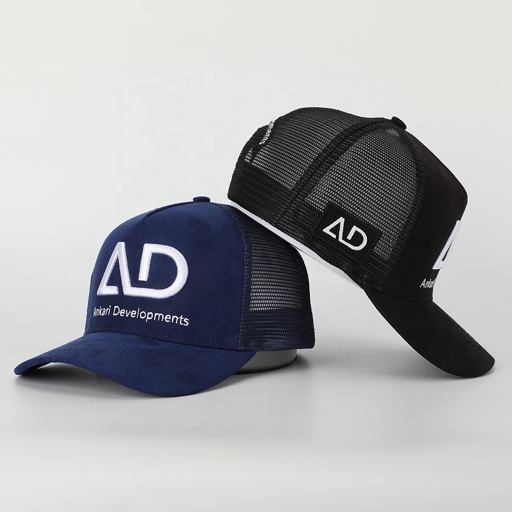 Navy Suede Mesh Embroidered Trucker Hat