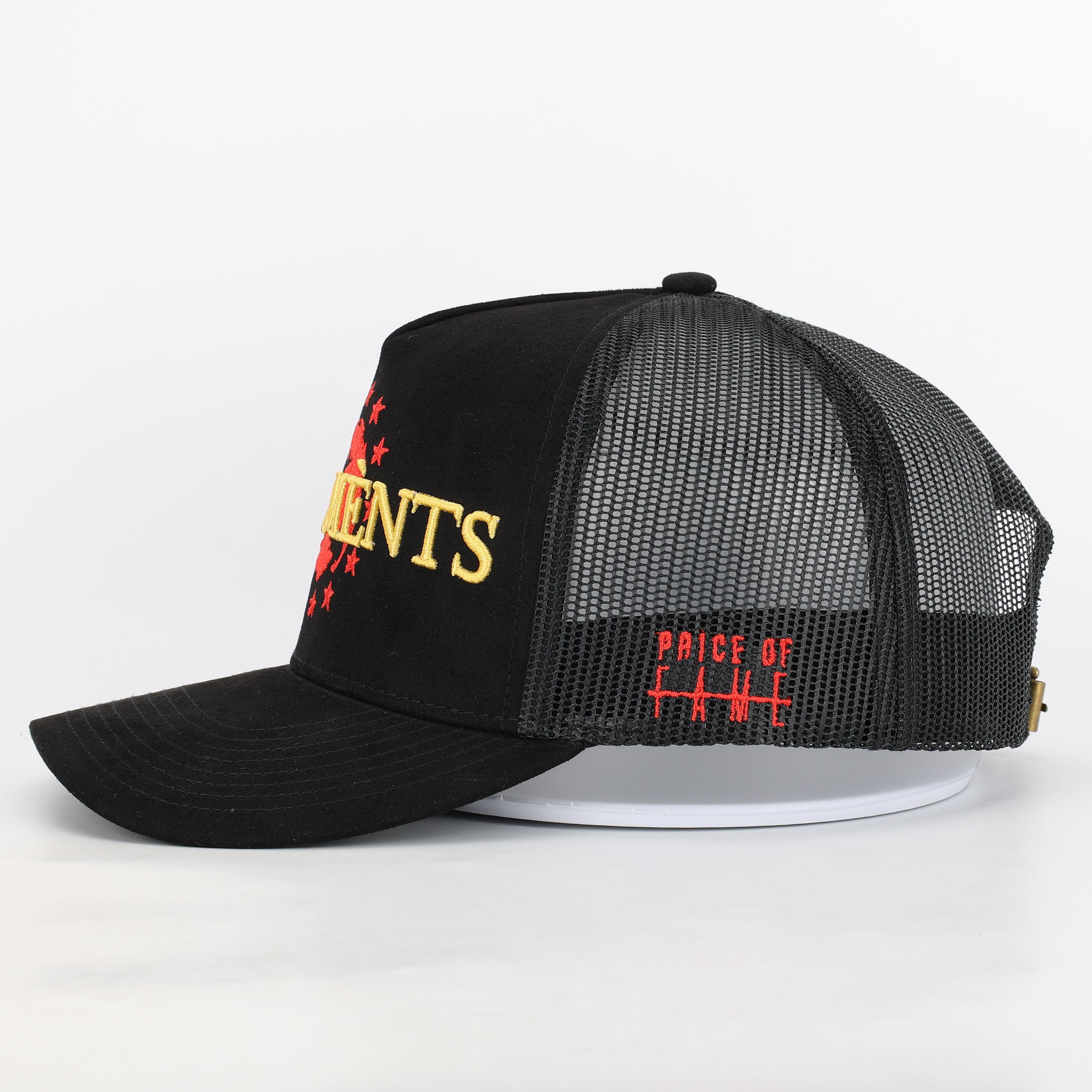 Black Suede Mesh Embroidered Trucker Hat