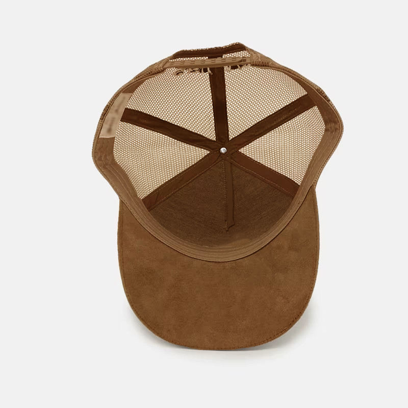 Brown Suede 5 Panel Trucker Cap with Time Flies Embroidery