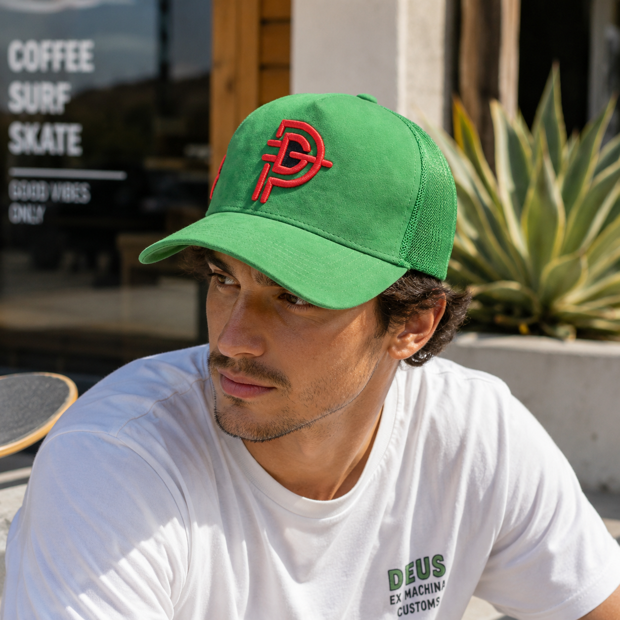 Green Suede 5 Panel Trucker Cap with Raised Red Embroidered Logo