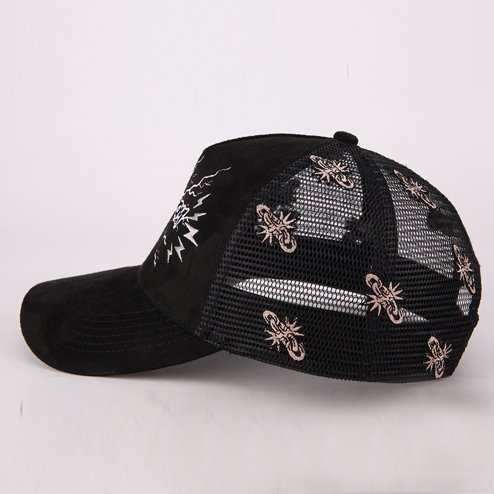 Black Mesh Back Trucker Hat with Embroidered Lightning Graphic Design