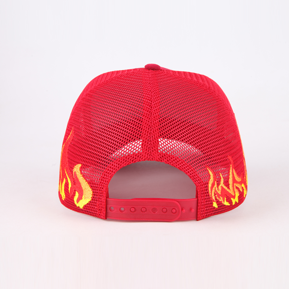 Red and Blue Suede-Style 5-Panel Mesh Trucker Caps with Raised Front Graphic Embroidery, Flame Side Detail and Curved Brim