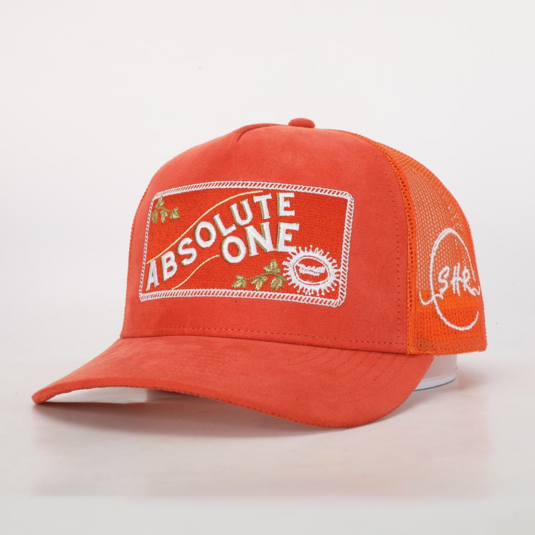 Burnt Orange 5-Panel Suede Trucker Hat with Absolute One Embroidery