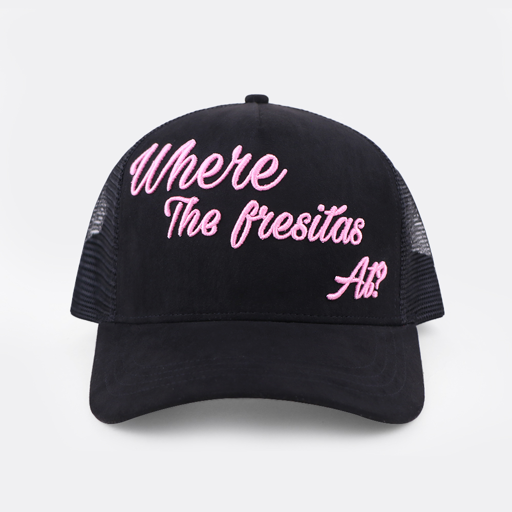Black Suede Mesh Trucker Cap with Pink Script Embroidery