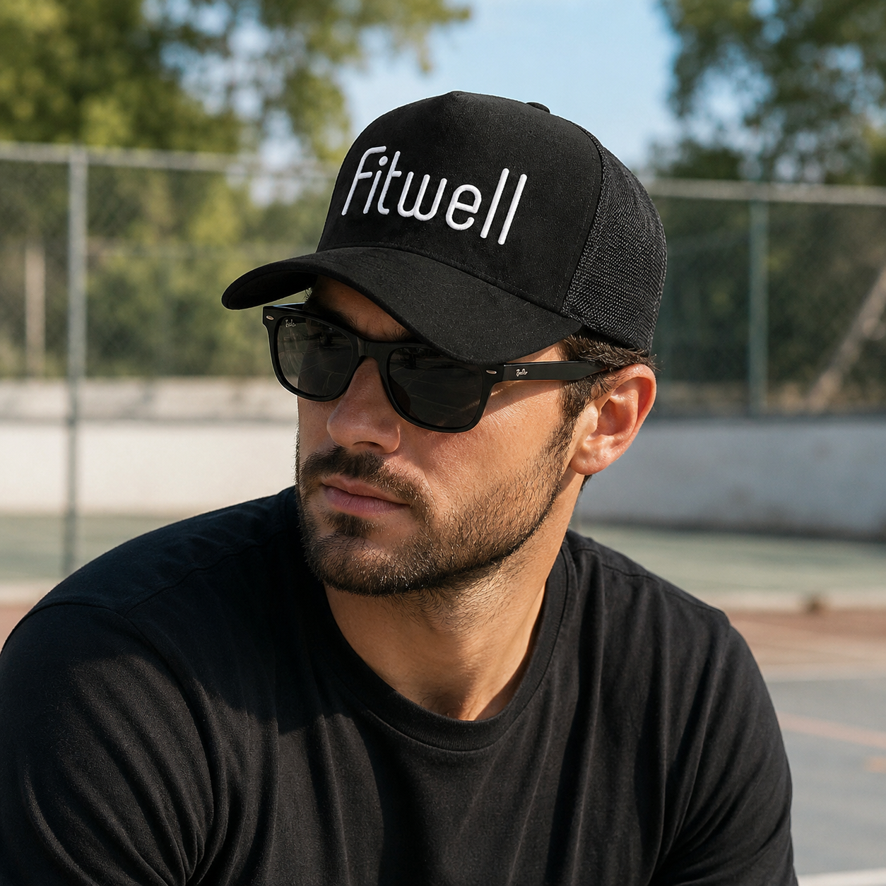 Black Suede Mesh Trucker Cap with White Letter Embroidery