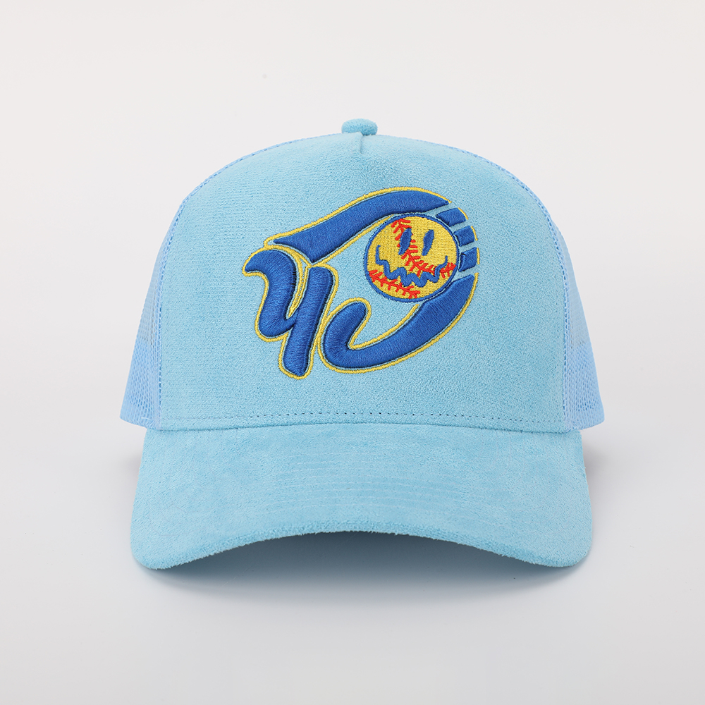 Light Blue Suede Mesh Trucker Cap with Baseball Graphic Embroidery