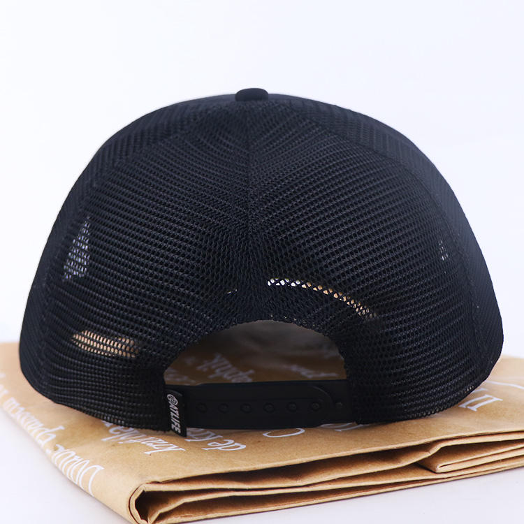 Midnight Black Tonal Gothic Flame Embroidered Mesh Trucker Cap
