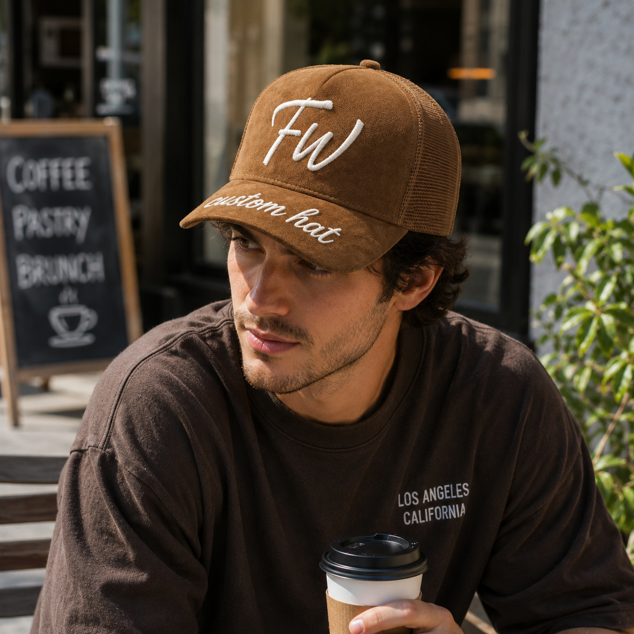 Brown Suede 5 Panel Trucker Cap with Time Flies Embroidery