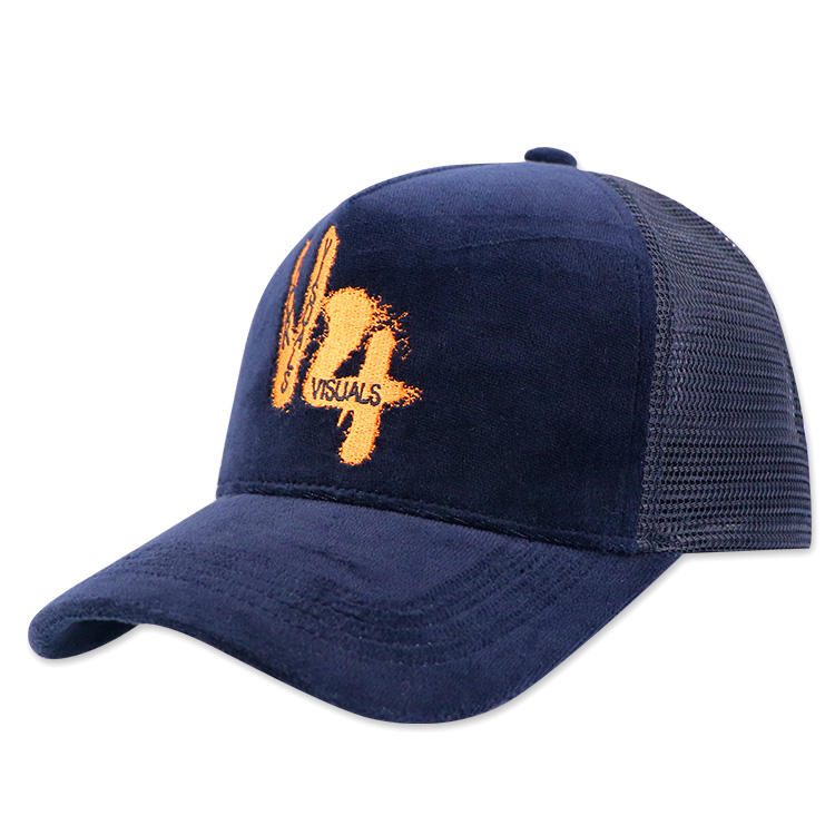 Navy Suede Mesh Trucker Cap with Orange Embroidered Graphic